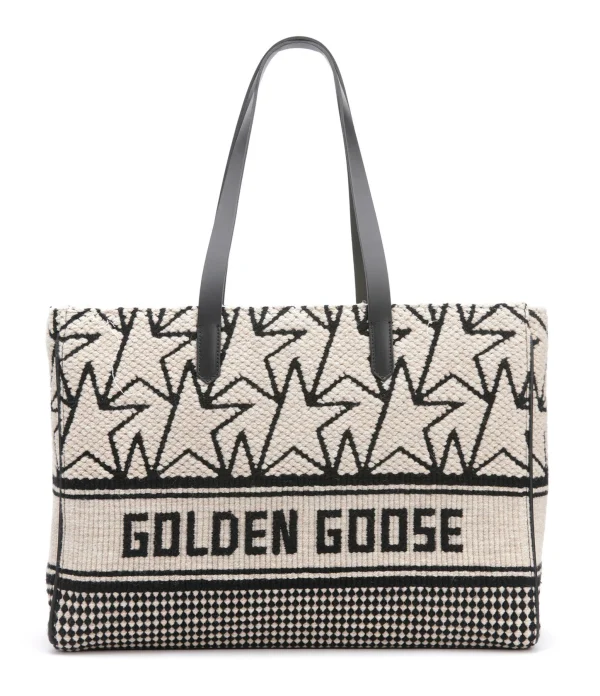 GOLDEN GOOSE Cabas California Jacquard Cuir Blanc Noir 1