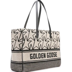 GOLDEN GOOSE Cabas California Jacquard Cuir Blanc Noir 10