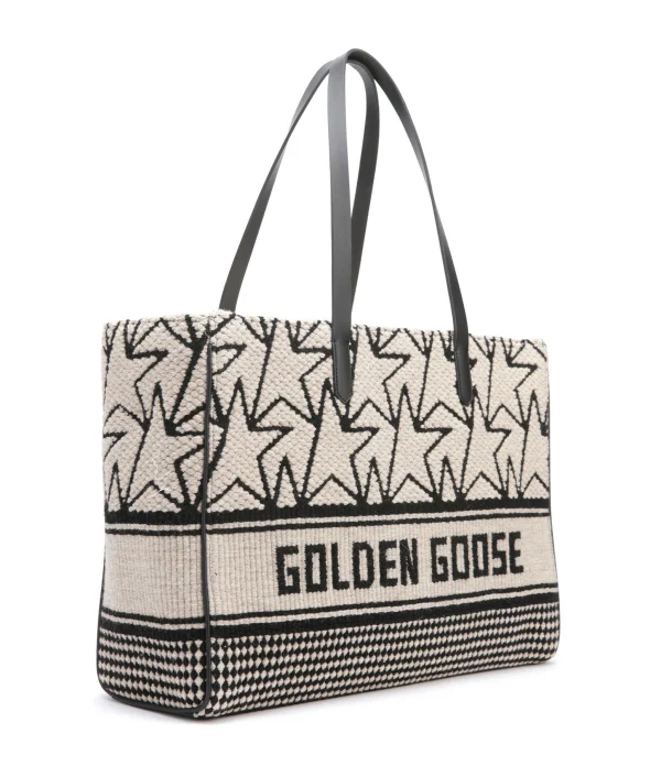 GOLDEN GOOSE Cabas California Jacquard Cuir Blanc Noir 3