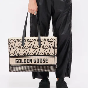 GOLDEN GOOSE Cabas California Jacquard Cuir Blanc Noir 16