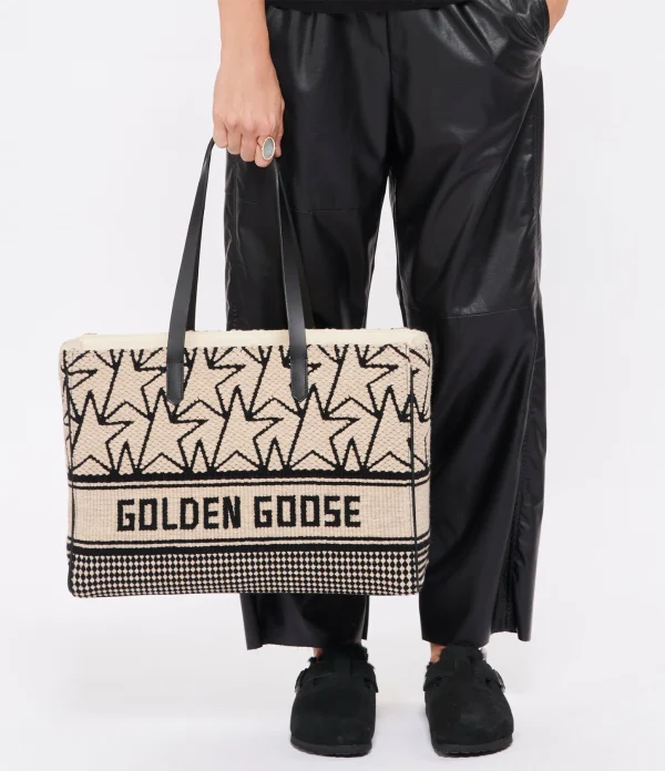 GOLDEN GOOSE Cabas California Jacquard Cuir Blanc Noir 6